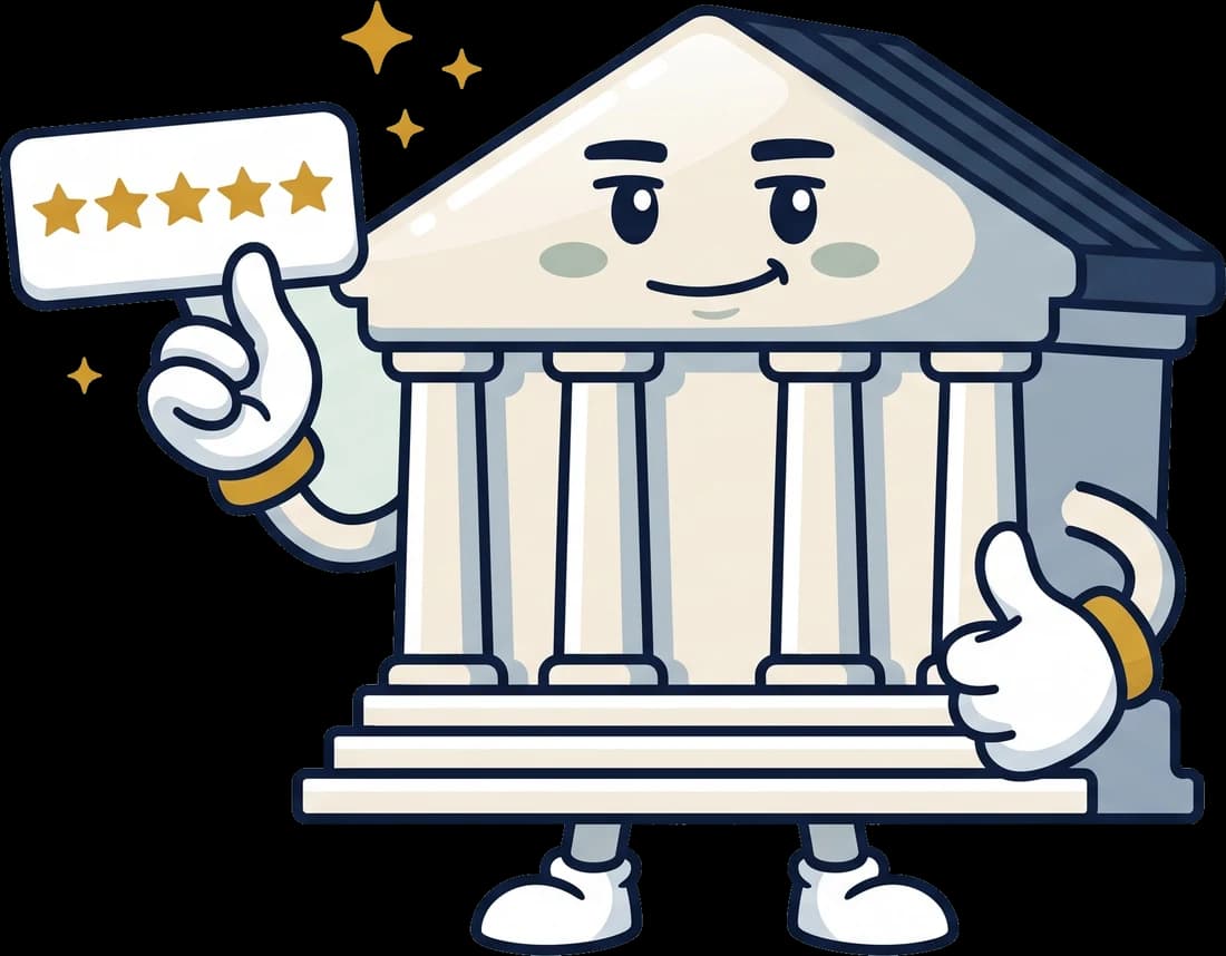 Courthouse mascot holding up a five-star review card, for a 4.9-star rating